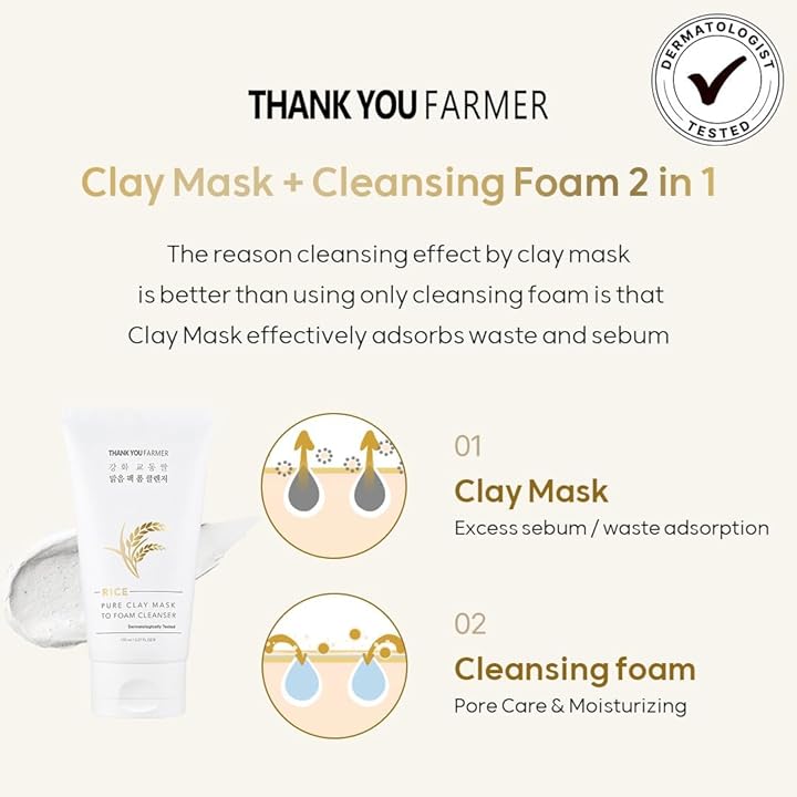 Rice Pure 2-IN-1 Korean Clay Mask to Foam Cleanser